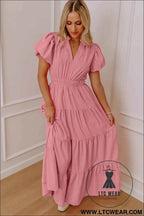 Gossamer Pink Solid Color V Neck Short Puff Sleeve High Waist Tiered Maxi Dress
