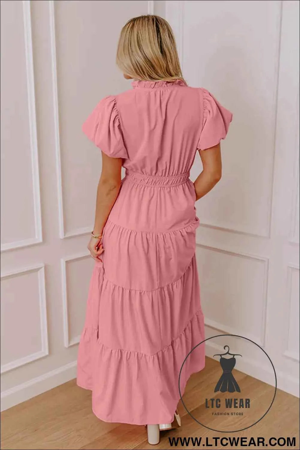 Gossamer Pink Solid Color V Neck Short Puff Sleeve High Waist Tiered Maxi Dress