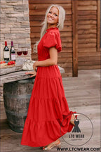Gossamer Pink Solid Color V Neck Short Puff Sleeve High Waist Tiered Maxi Dress