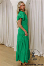 Gossamer Pink Solid Color V Neck Short Puff Sleeve High Waist Tiered Maxi Dress