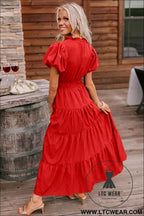 Gossamer Pink Solid Color V Neck Short Puff Sleeve High Waist Tiered Maxi Dress