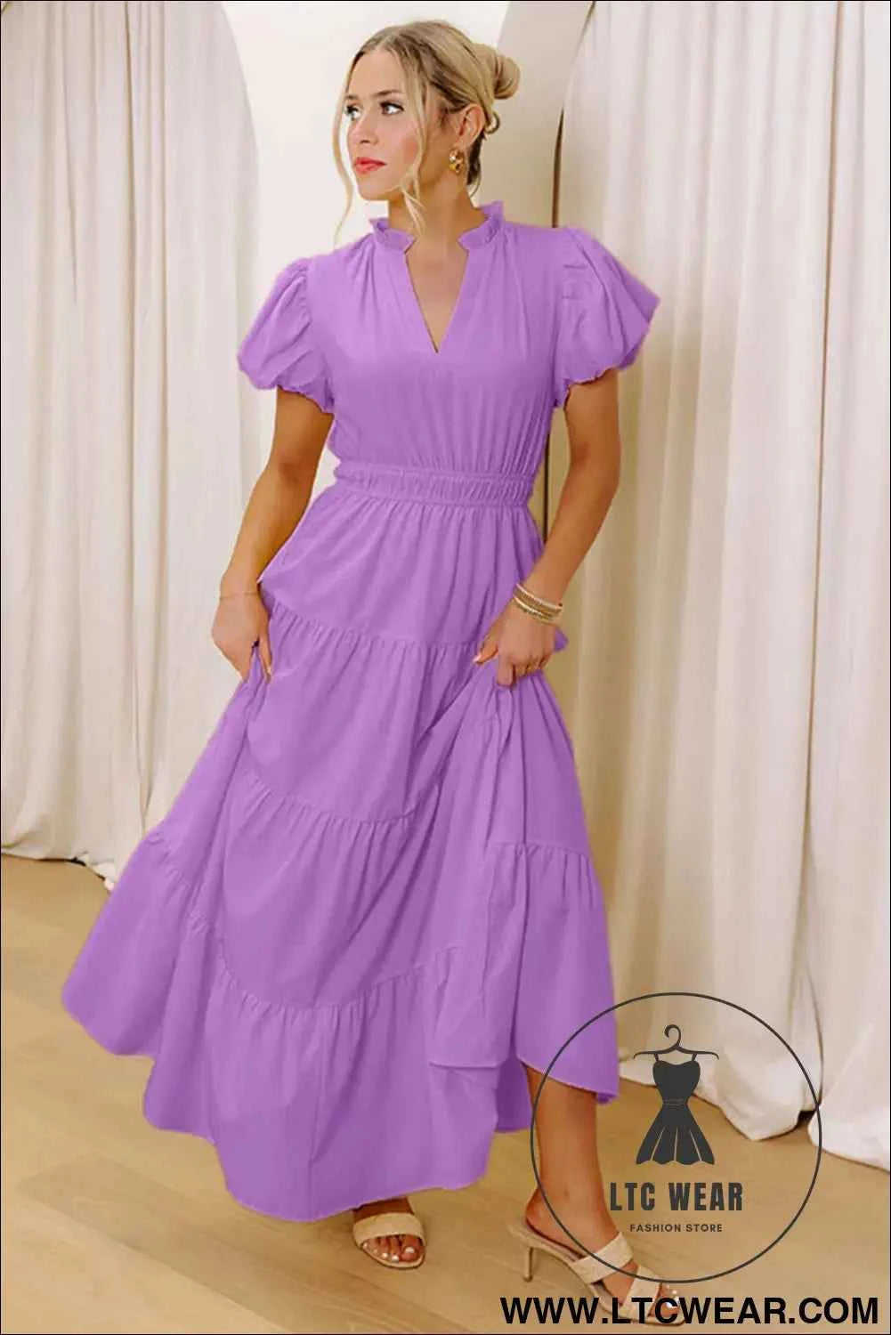 Gossamer Pink Solid Color V Neck Short Puff Sleeve High Waist Tiered Maxi Dress