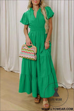 Gossamer Pink Solid Color V Neck Short Puff Sleeve High Waist Tiered Maxi Dress
