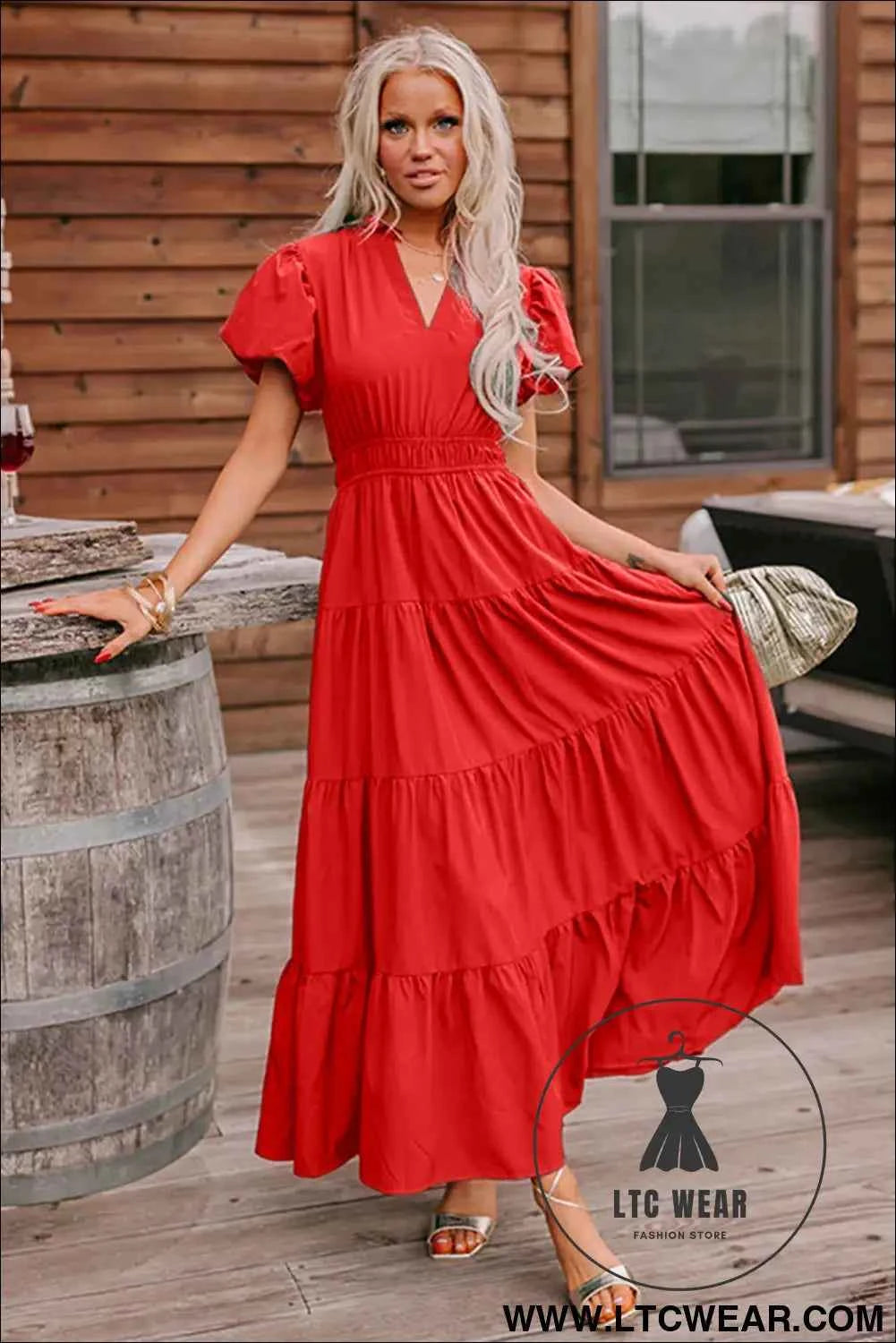 Gossamer Pink Solid Color V Neck Short Puff Sleeve High Waist Tiered Maxi Dress