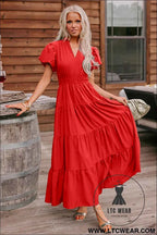 Gossamer Pink Solid Color V Neck Short Puff Sleeve High Waist Tiered Maxi Dress