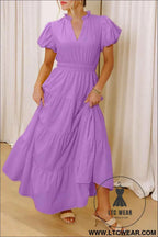 Gossamer Pink Solid Color V Neck Short Puff Sleeve High Waist Tiered Maxi Dress