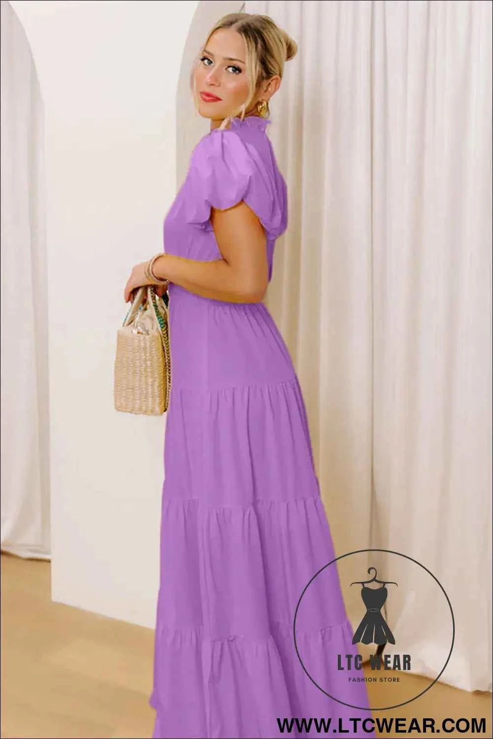 Gossamer Pink Solid Color V Neck Short Puff Sleeve High Waist Tiered Maxi Dress
