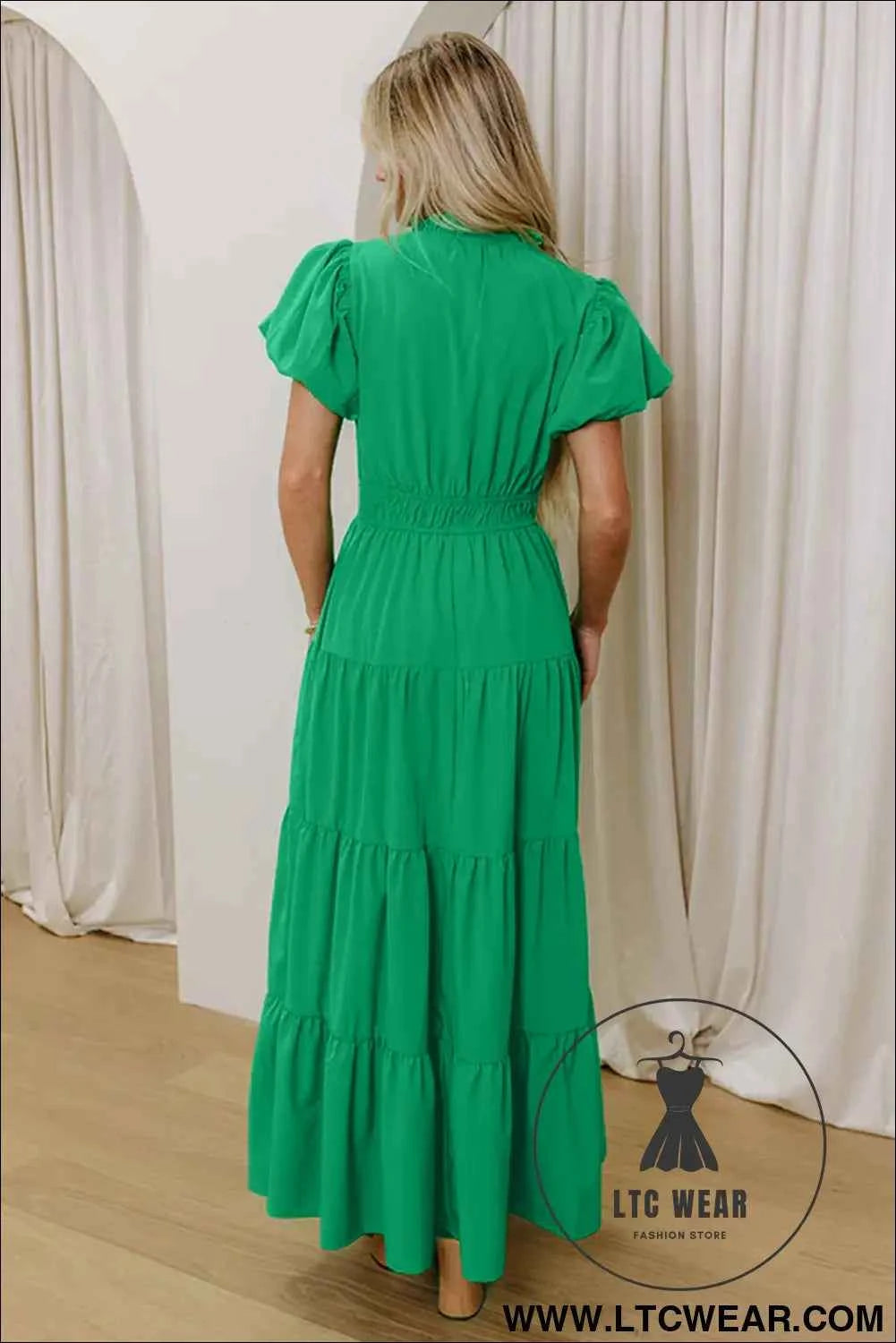 Gossamer Pink Solid Color V Neck Short Puff Sleeve High Waist Tiered Maxi Dress
