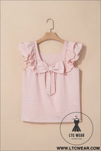 Gossamer pink textured bow frilled ruffle sleeve blouse - blouses & shirts
