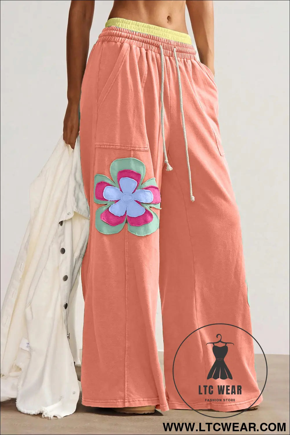 Grapefruit orange color block flower patchwork drawstring contrasted elastic waist wide leg pants - pants & culotte