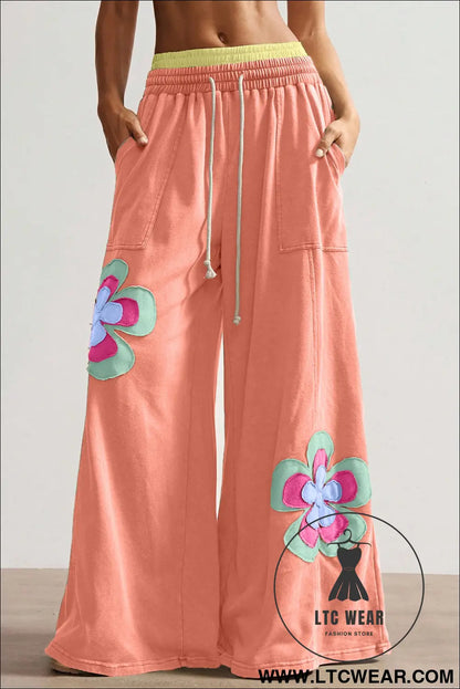 Grapefruit orange color block flower patchwork drawstring contrasted elastic waist wide leg pants - grapefruit orange