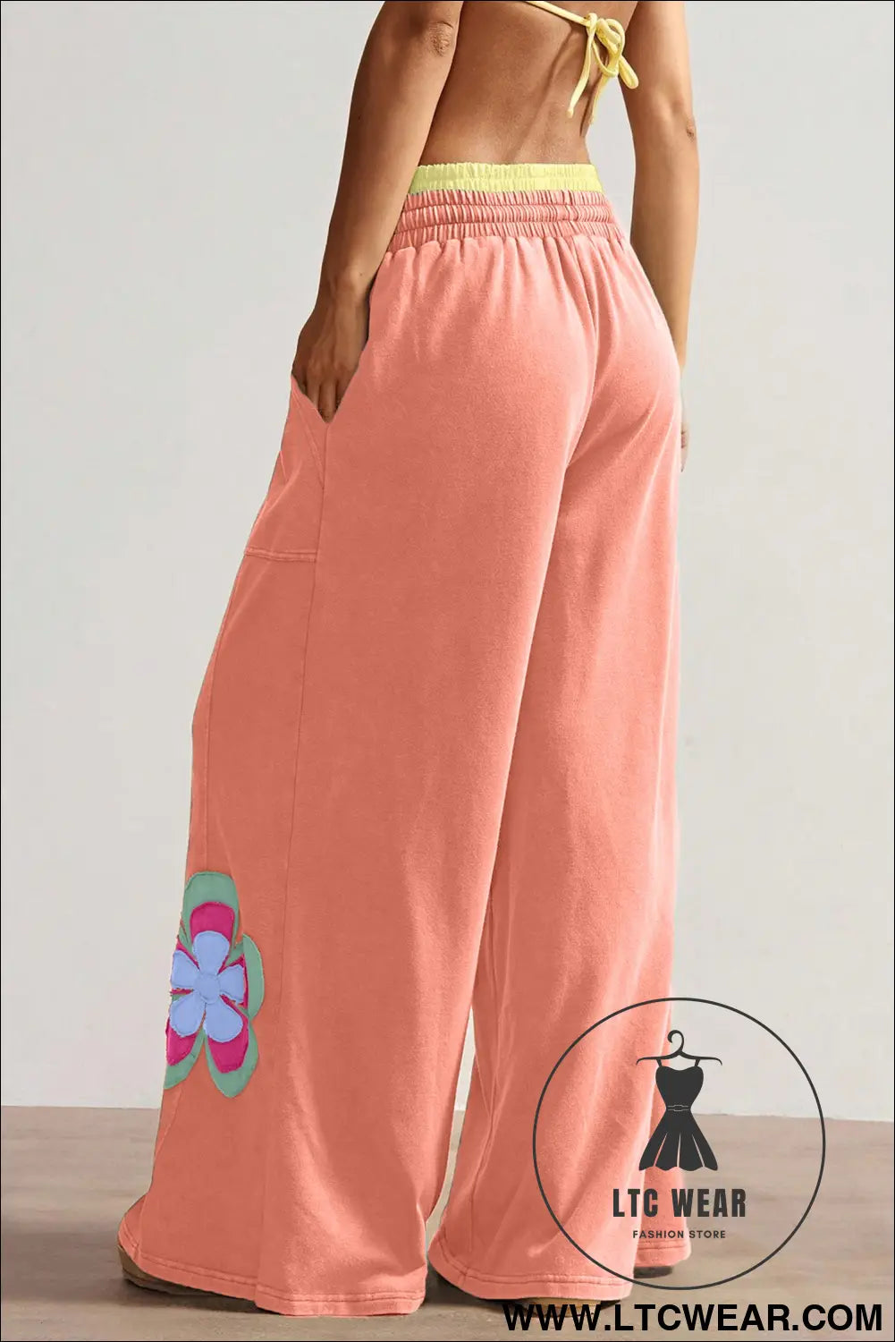 Grapefruit orange color block flower patchwork drawstring contrasted elastic waist wide leg pants - pants & culotte
