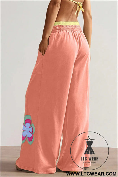 Grapefruit orange color block flower patchwork drawstring contrasted elastic waist wide leg pants - pants & culotte