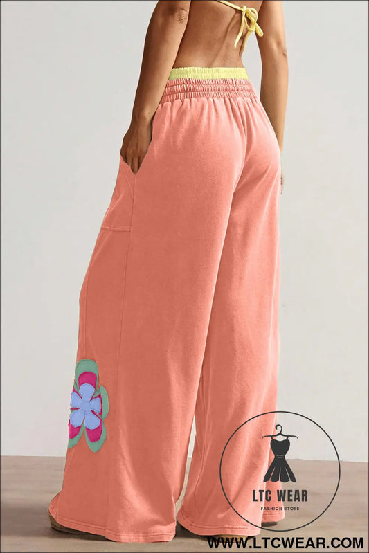 Grapefruit orange color block flower patchwork drawstring contrasted elastic waist wide leg pants - pants & culotte