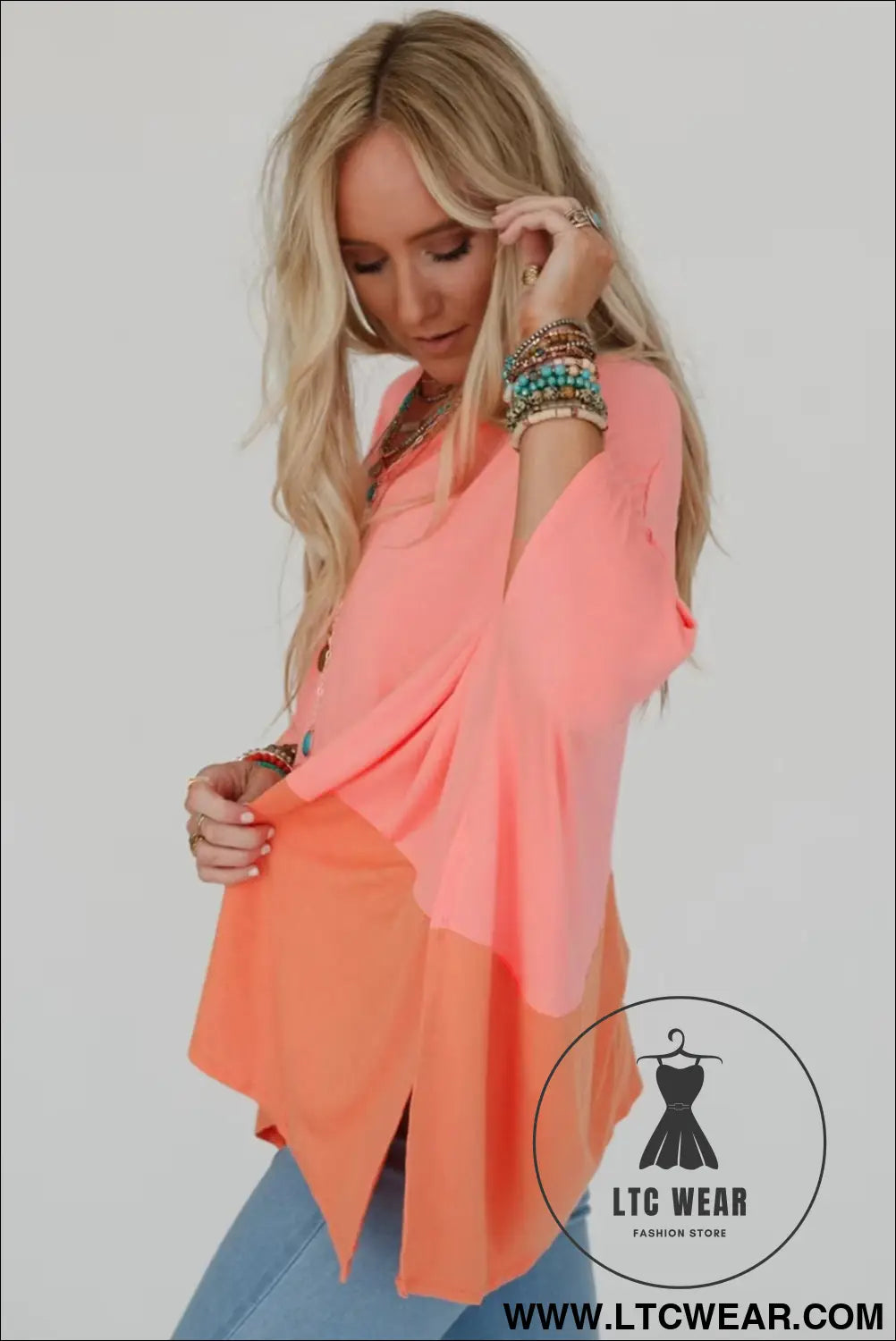Grapefruit orange colorblock v neck slits oversized top - 20%