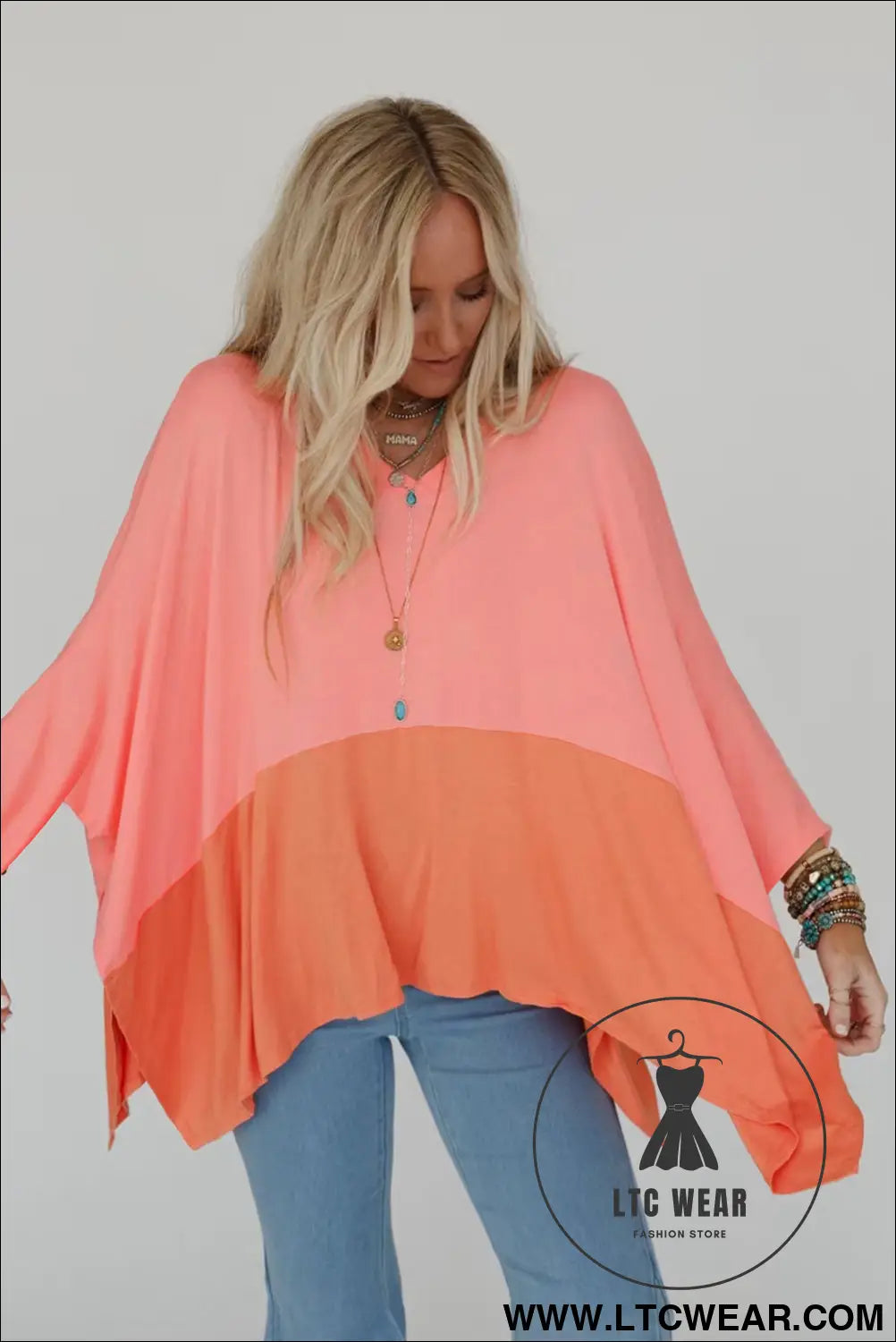 Grapefruit orange colorblock v neck slits oversized top - 20%