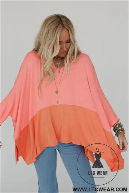Grapefruit orange colorblock v neck slits oversized top - 20%