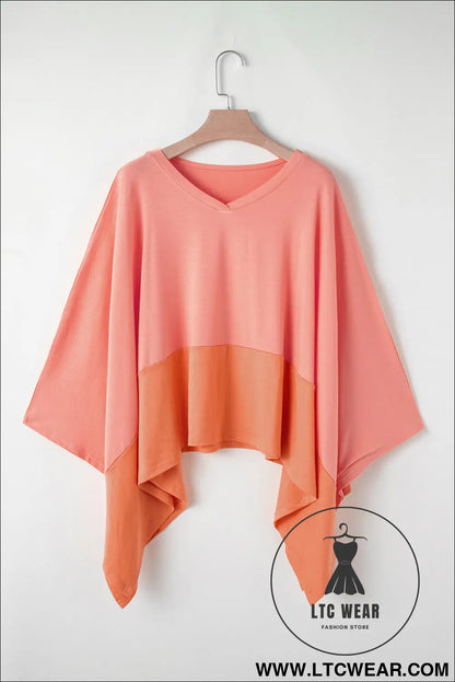 Grapefruit orange colorblock v neck slits oversized top - 20%
