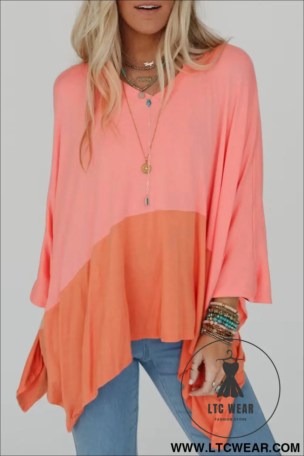 Grapefruit orange colorblock v neck slits oversized top - grapefruit orange / l / 65% polyester + 30% viscose + 5%