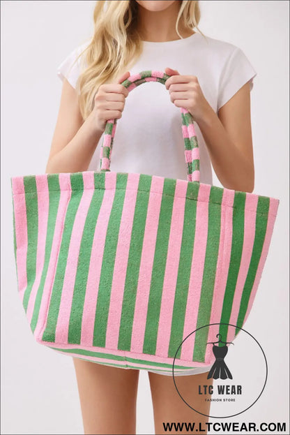 Grapefruit Orange Striped Terry Large Beach Tote Bag - L.T.C Wear Online Fashion Store