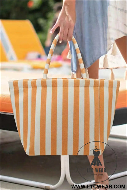 Grapefruit Orange Striped Terry Large Beach Tote Bag