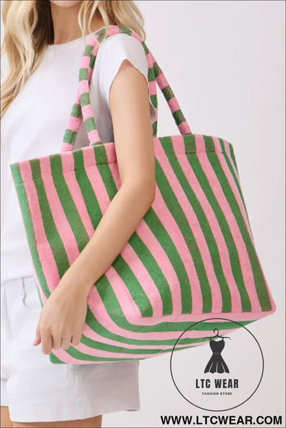 Grapefruit Orange Striped Terry Large Beach Tote Bag - L.T.C Wear Online Fashion Store