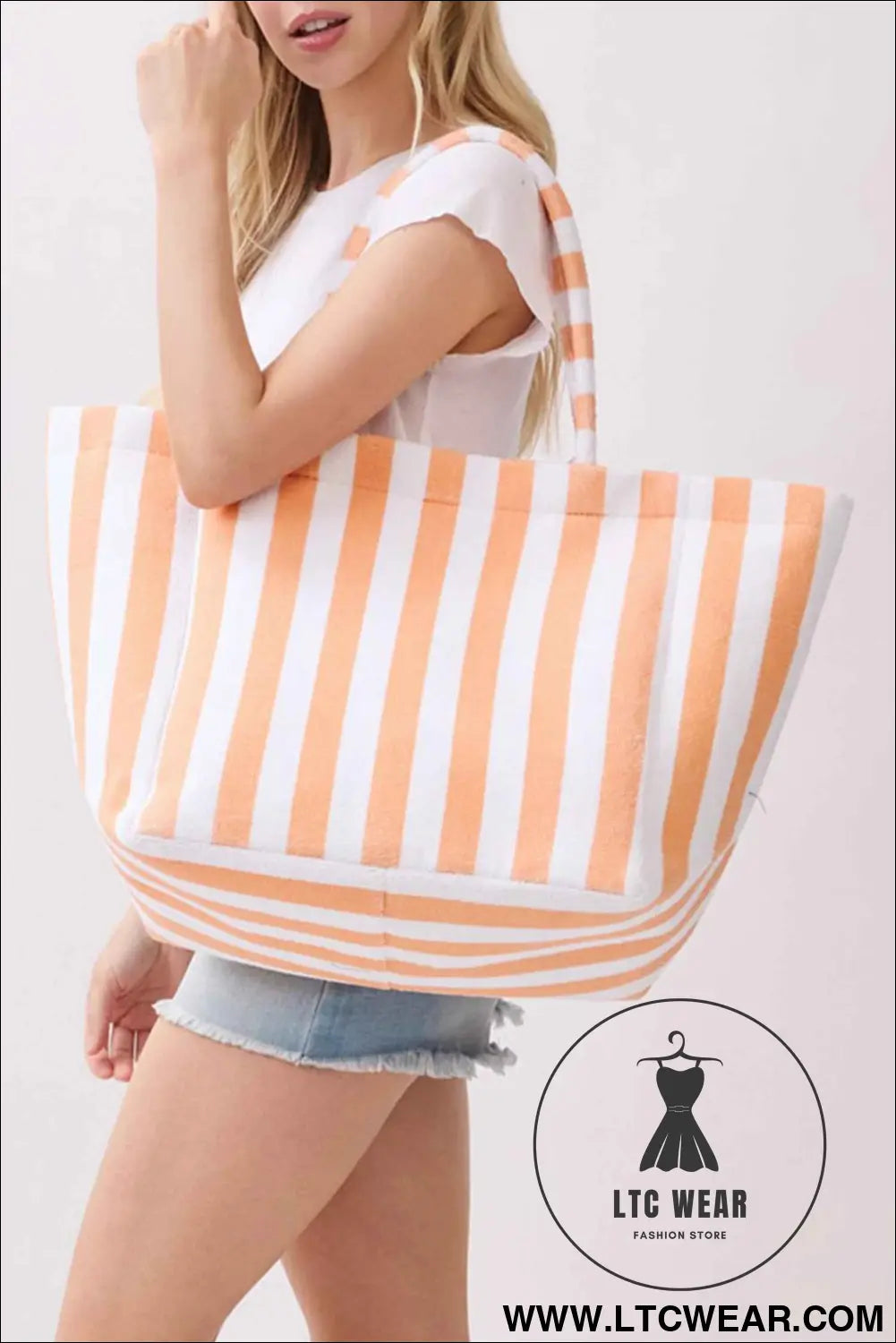 Grapefruit Orange Striped Terry Large Beach Tote Bag