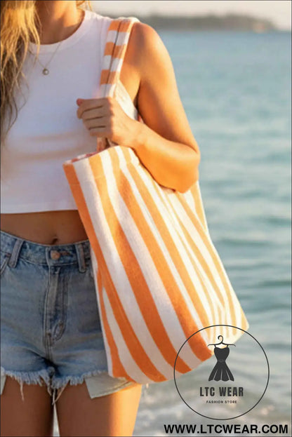 Grapefruit Orange Striped Terry Large Beach Tote Bag
