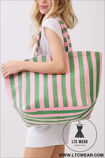 Grapefruit Orange Striped Terry Large Beach Tote Bag - L.T.C Wear Online Fashion Store