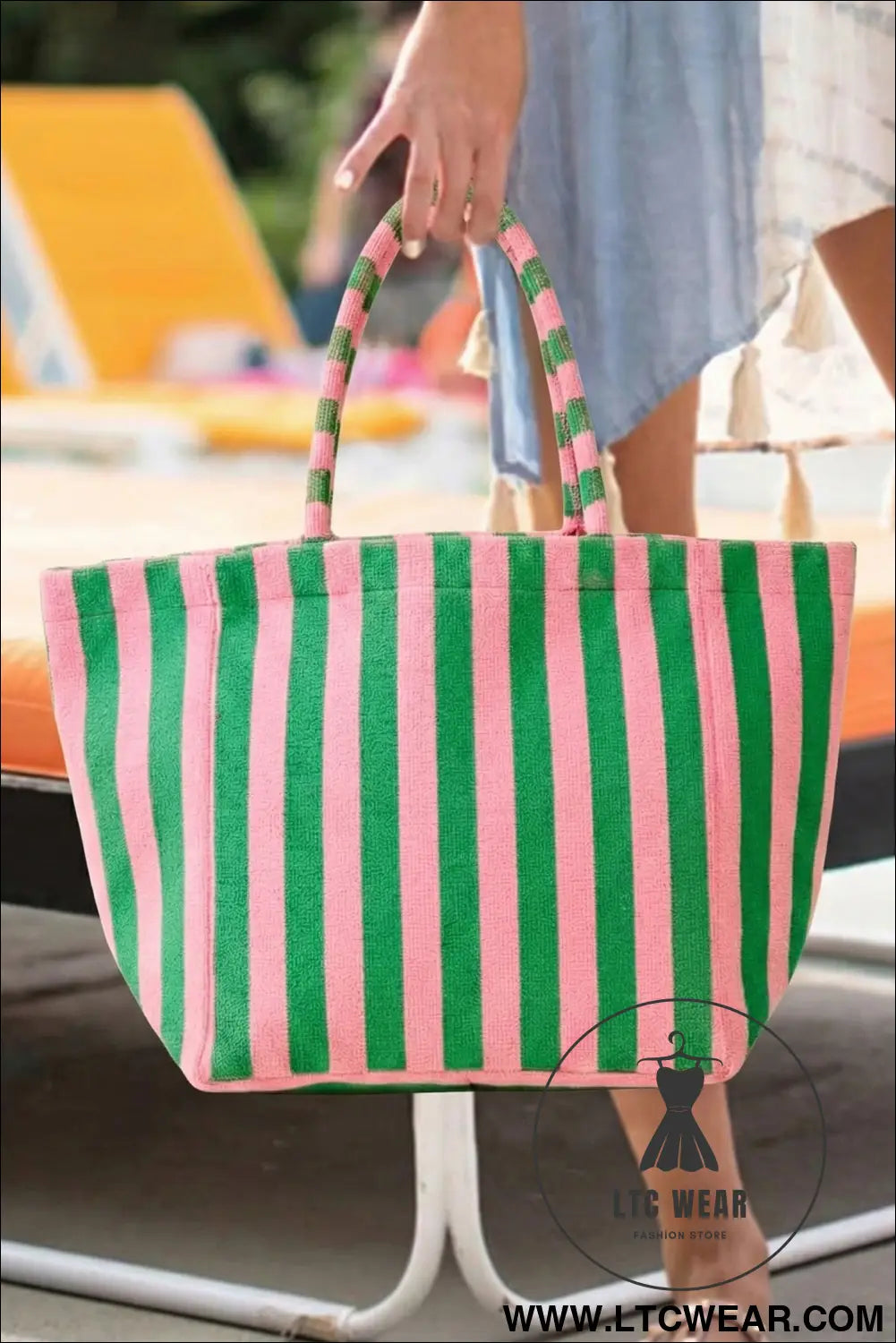 Grapefruit Orange Striped Terry Large Beach Tote Bag - L.T.C Wear Online Fashion Store