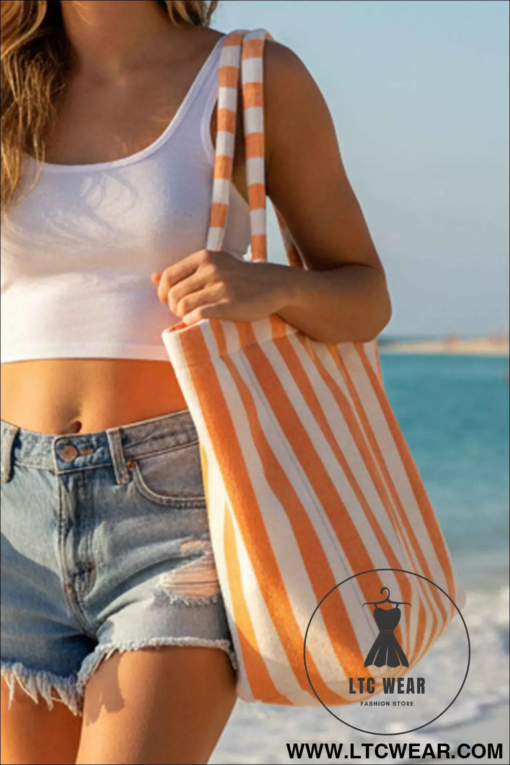 Grapefruit Orange Striped Terry Large Beach Tote Bag