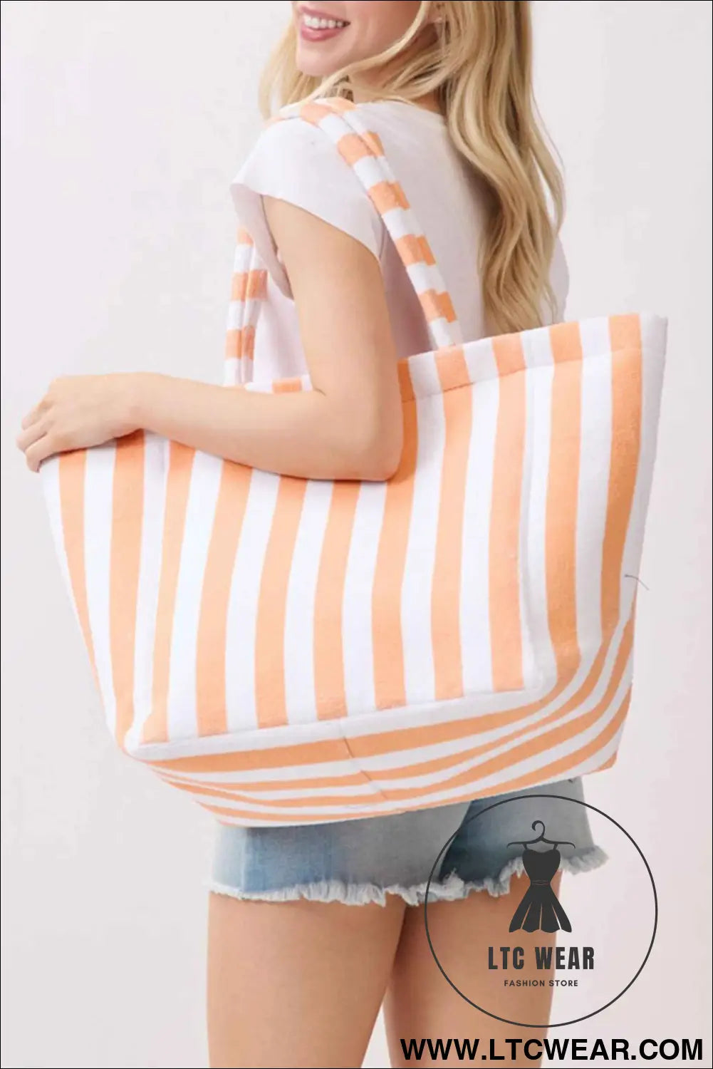 Grapefruit Orange Striped Terry Large Beach Tote Bag