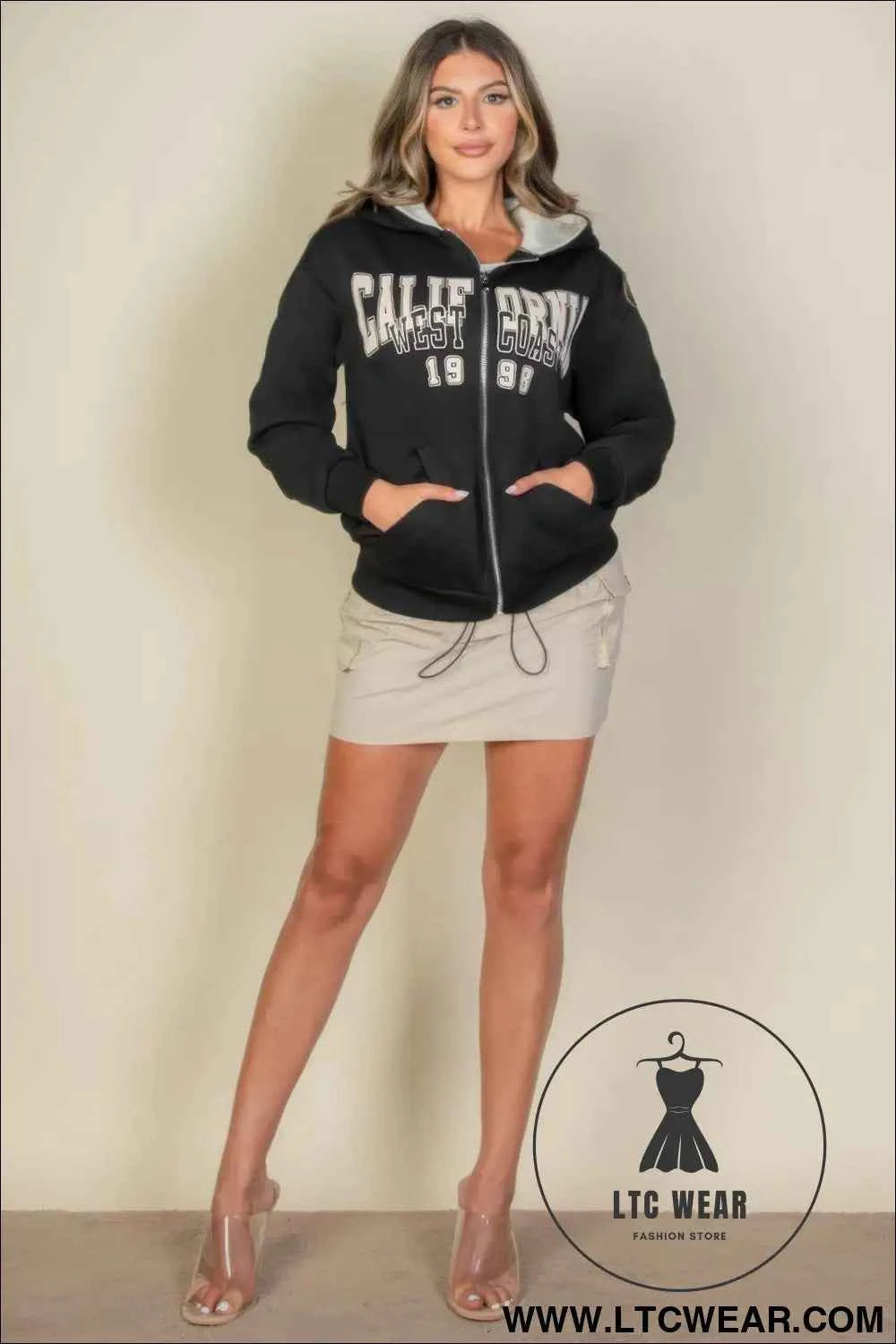 Graphic Drop Shoulder Zipper Up Hoodie