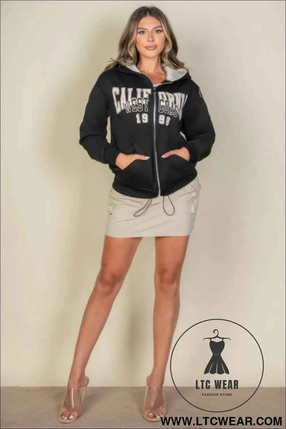 Graphic Drop Shoulder Zipper Up Hoodie