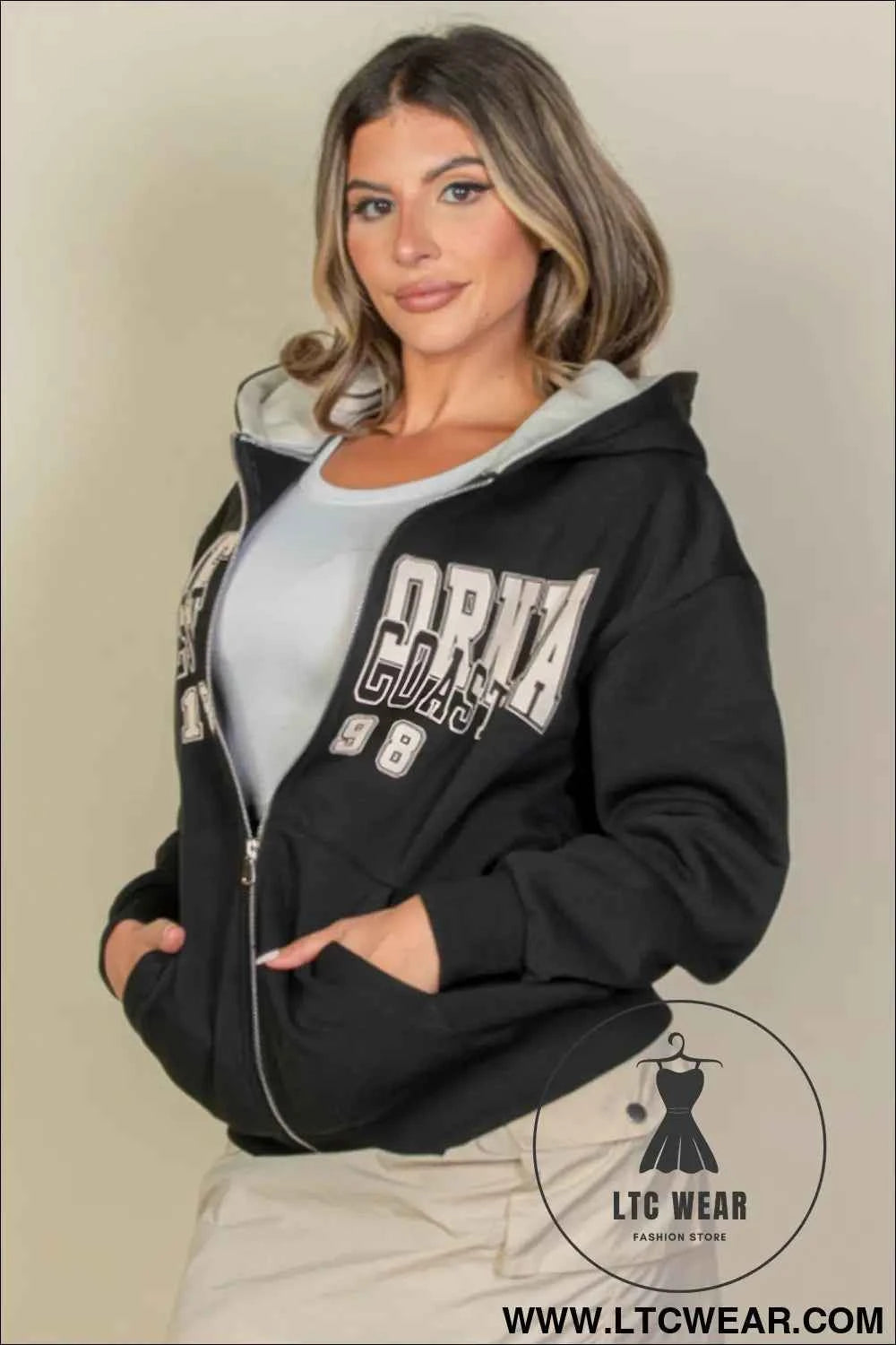 Graphic Drop Shoulder Zipper Up Hoodie