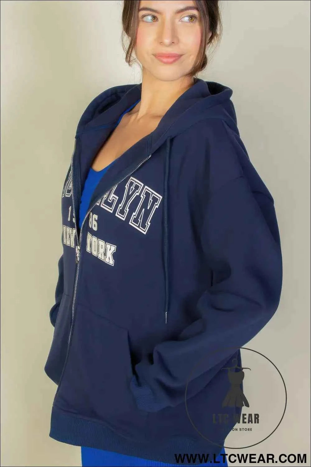 Graphic Drop Shoulder Zipper Up Hoodie