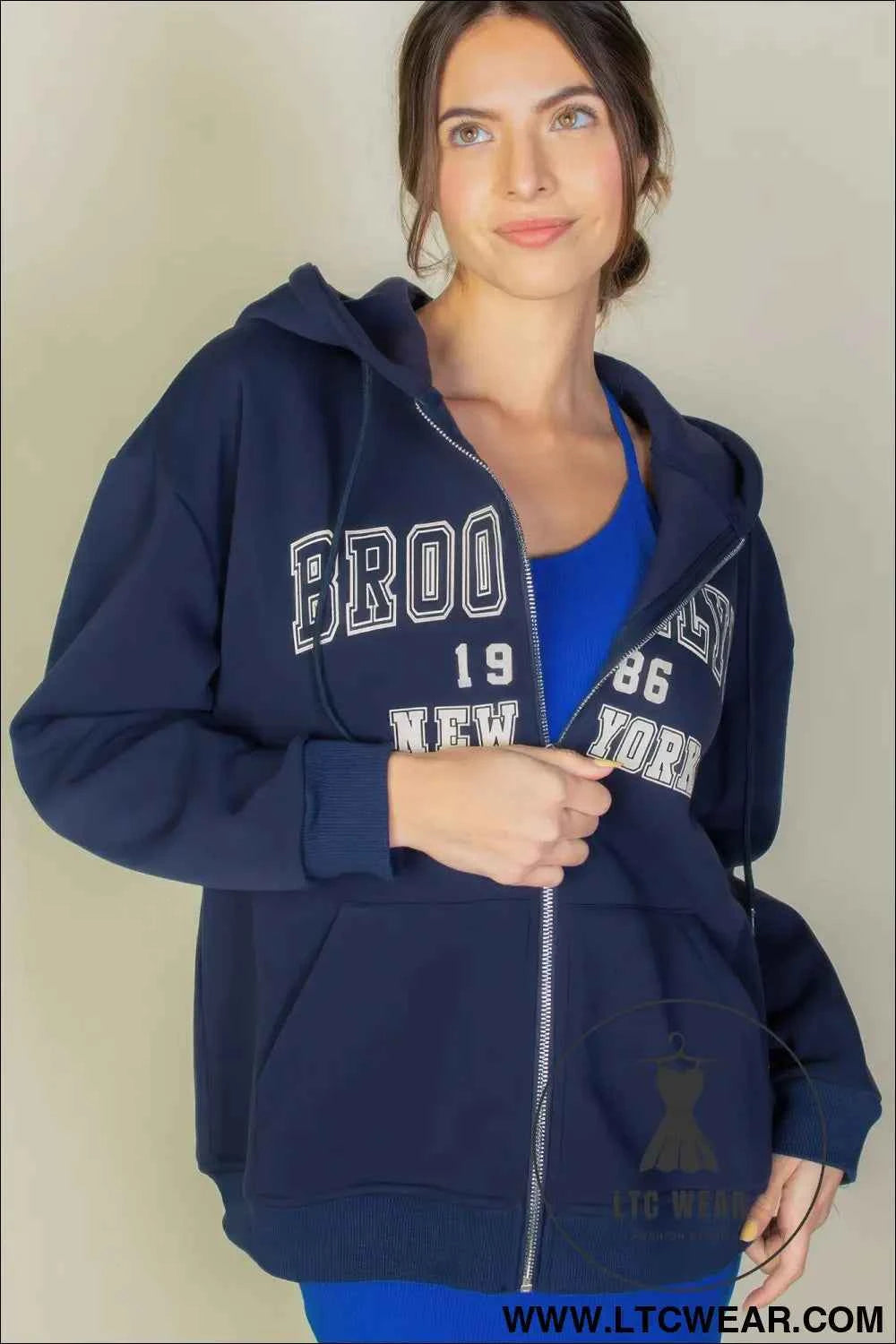 Graphic Drop Shoulder Zipper Up Hoodie