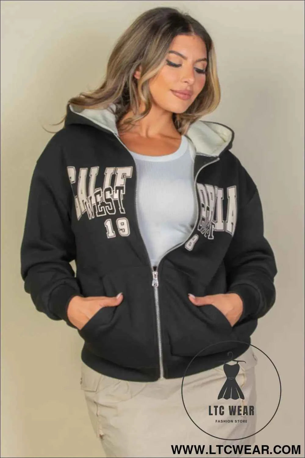 Graphic Drop Shoulder Zipper Up Hoodie