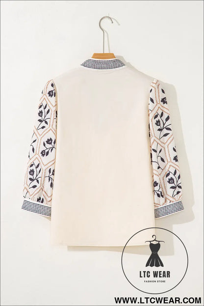 Grass Green Floral Puff Sleeve Contrast V Neck Patchwork Blouse - L.T.C Wear Online Fashion Store