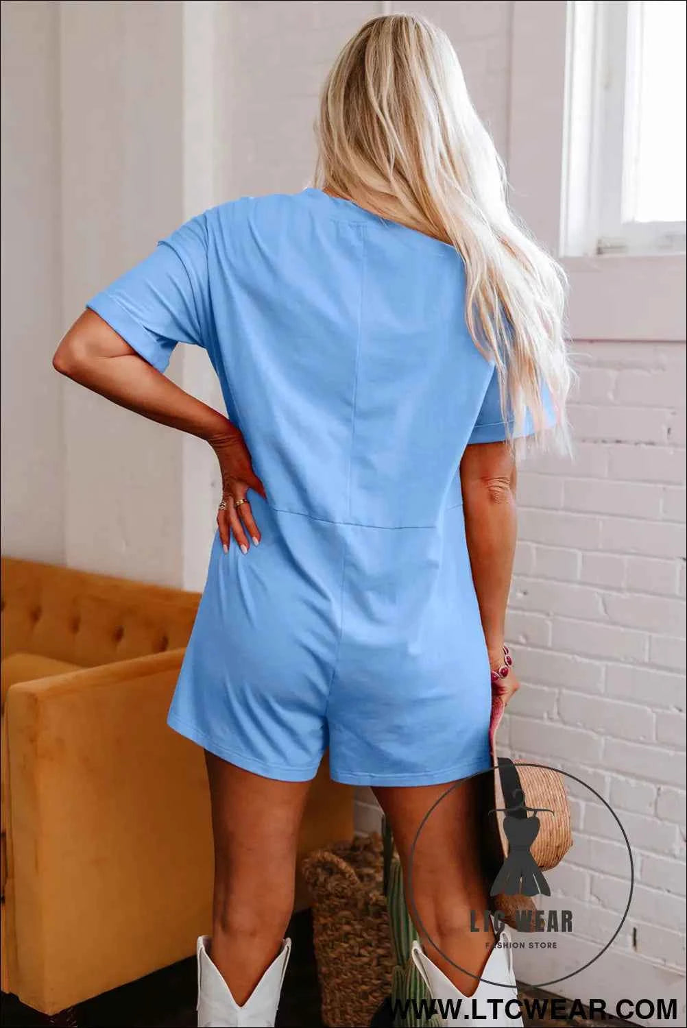 Grass Green Loose Half Sleeve V Neck Knit Romper