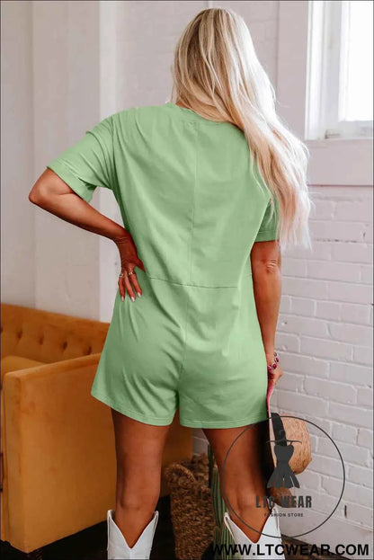 Grass Green Loose Half Sleeve V Neck Knit Romper