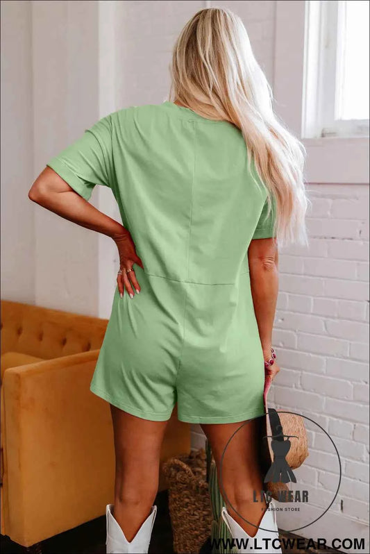 Grass Green Loose Half Sleeve V Neck Knit Romper