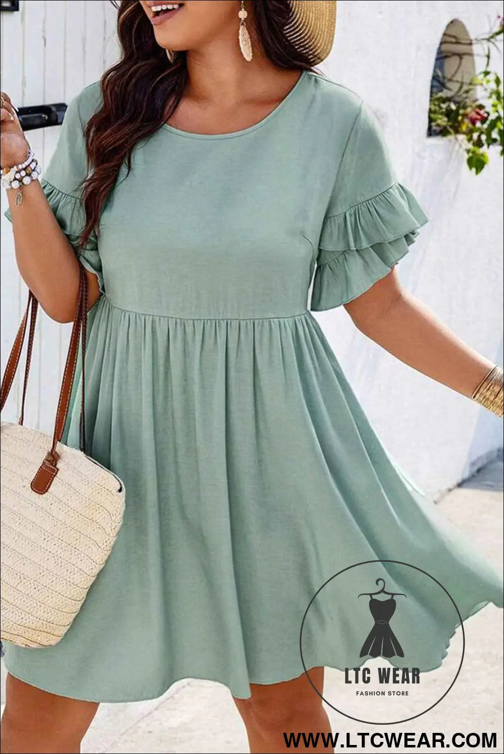 Grass Green Plain Ruffle Hem Plus Size Flared Mini Dress