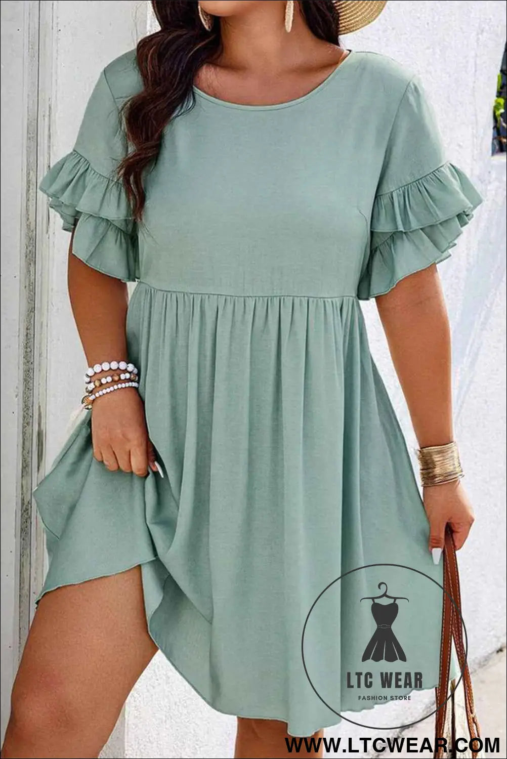 Grass Green Plain Ruffle Hem Plus Size Flared Mini Dress