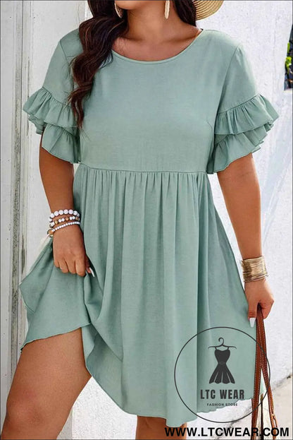 Grass Green Plain Ruffle Hem Plus Size Flared Mini Dress