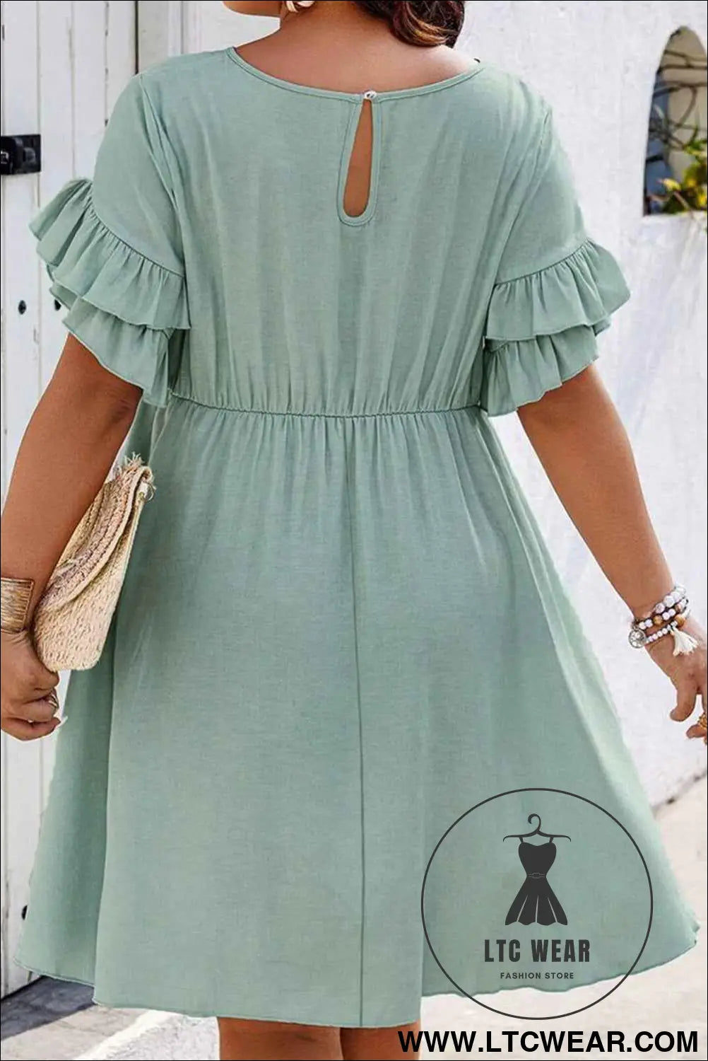 Grass Green Plain Ruffle Hem Plus Size Flared Mini Dress