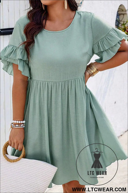 Grass Green Plain Ruffle Hem Plus Size Flared Mini Dress - L.T.C Wear Online Fashion Store