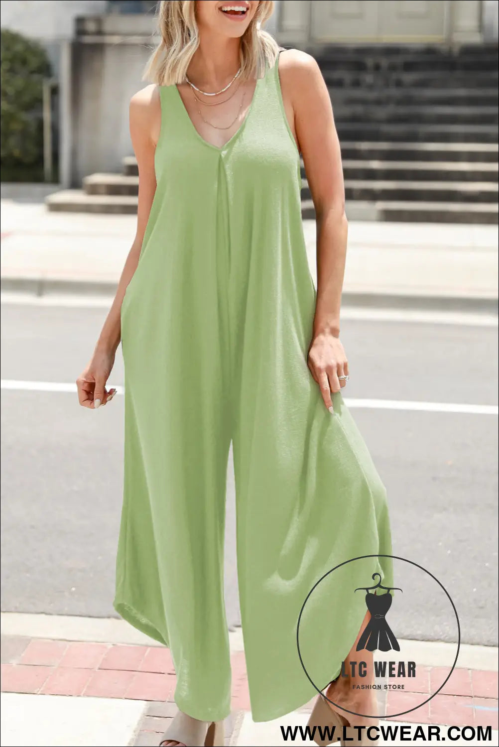 Grass green sleeveless v neck pocketed wide leg jumpsuit - grass green / 2xl / 65% polyester + 30% viscose + 5%