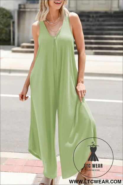 Grass green sleeveless v neck pocketed wide leg jumpsuit - grass green / 2xl / 65% polyester + 30% viscose + 5%