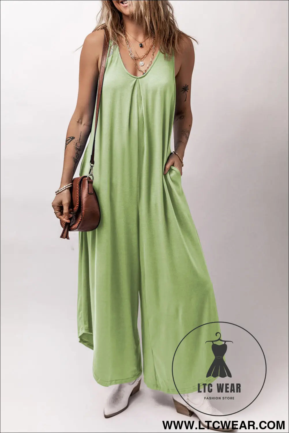 Grass green sleeveless v neck pocketed wide leg jumpsuit - jumpsuits & rompers